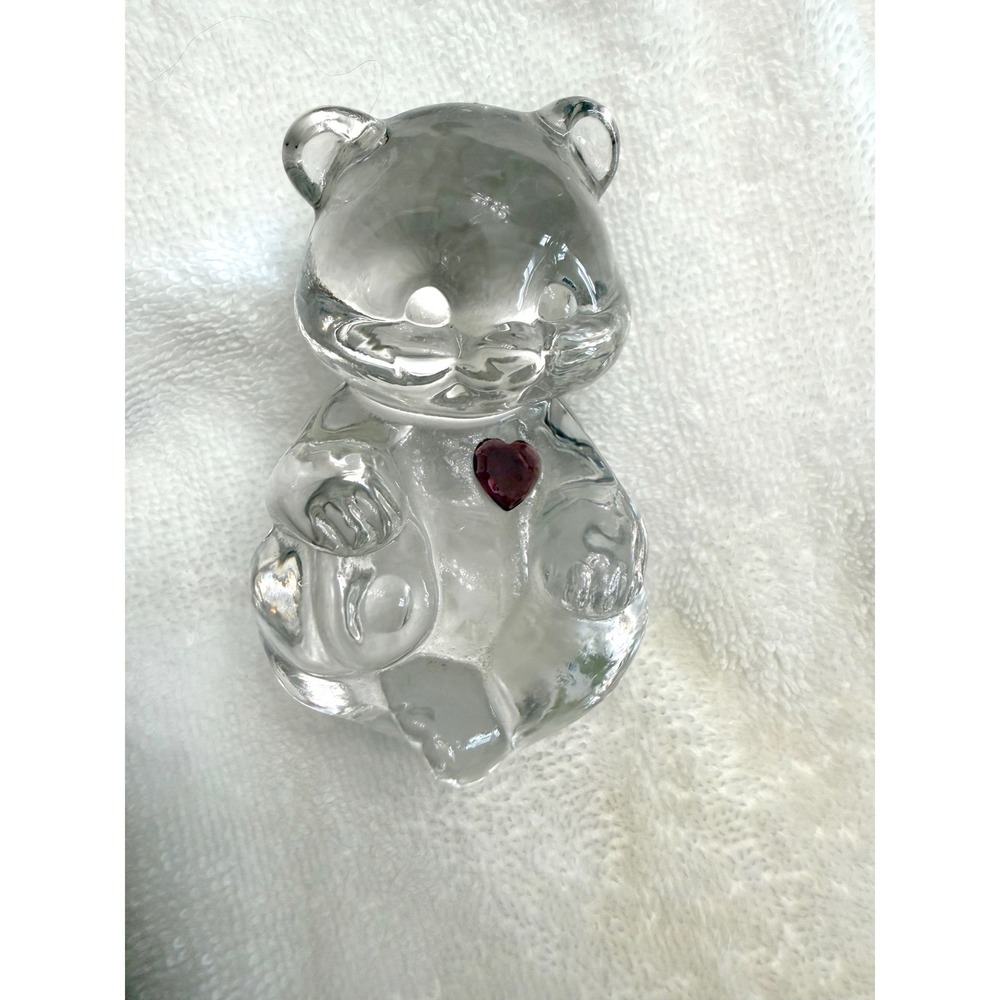 Fenton Clear Art Glass Birthstone Bear Figurine with Purple Heart Handmade USA